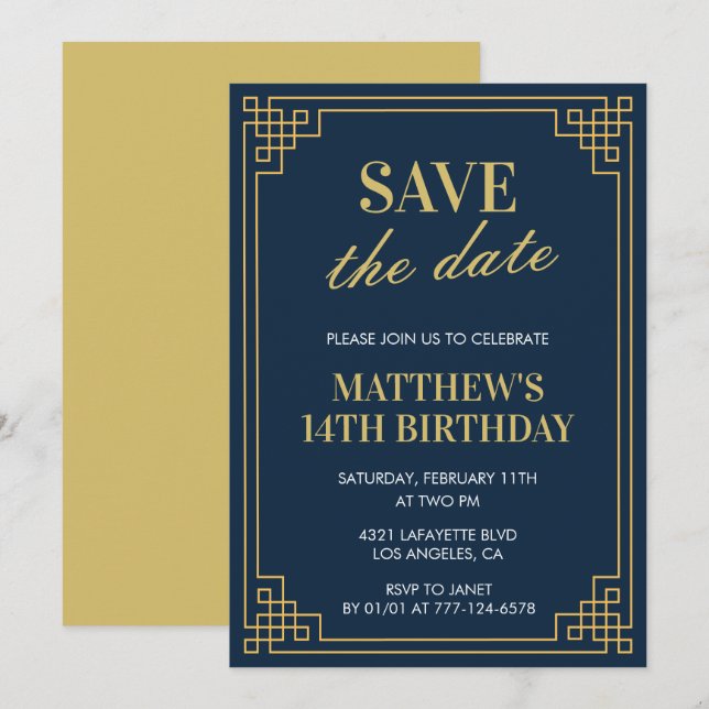 Convite de 14 de aniversário Elegante Boy Salvar d (Frente/Verso)