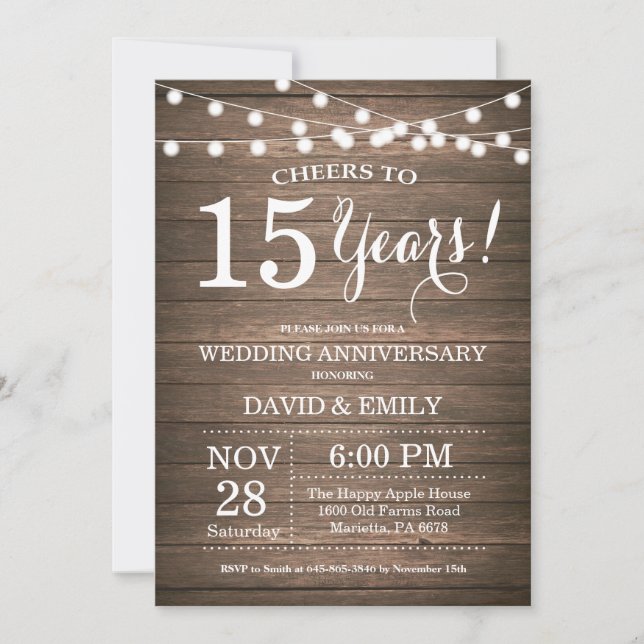 Convite de 15º Aniversário de Casamento Rustico Ma (Frente)