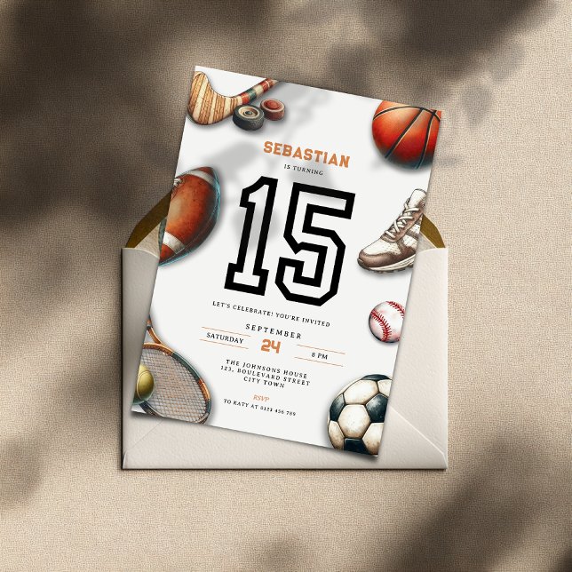Convite de 15º Aniversário de Esportes All Star pa (All Star Sports 15th birthday invitation for teenager boys)
