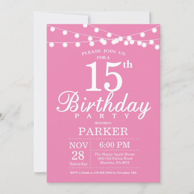 Convite de 15º Aniversário Rosa (Frente)