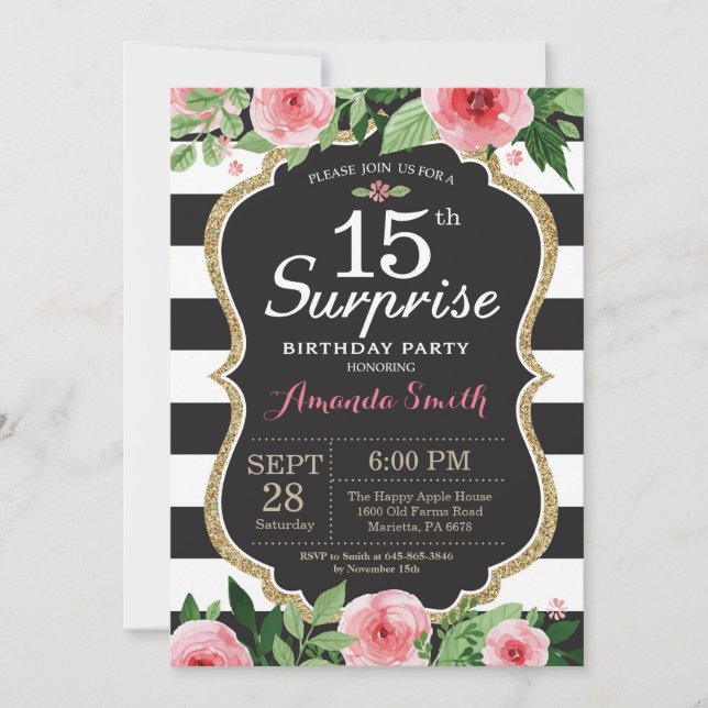 Convite de 15º Aniversário Surpresa para Mulheres. (Frente)