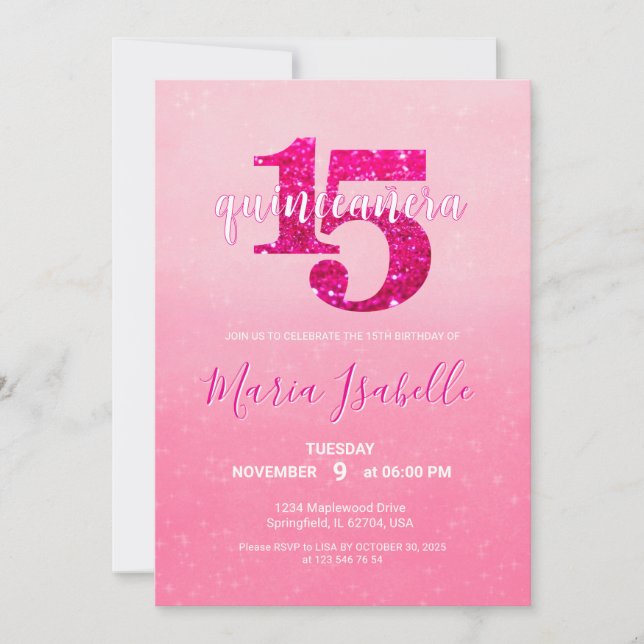 Convite de 15 anos de Quinceañera Rosa (Frente)
