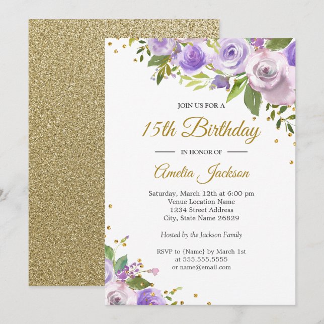 Convite de 15 Anos Floral Brilho Dourado Roxo (Frente/Verso)