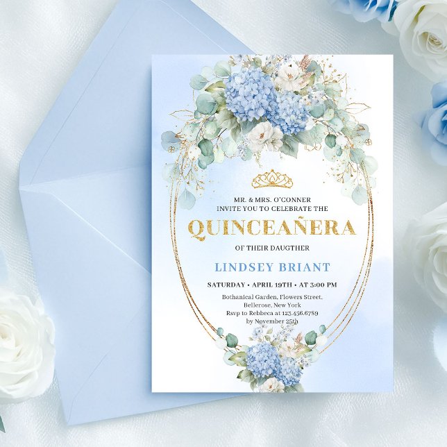 Convite de 15 Anos Luxo Boho Flores Azuis Eucalipt (Luxury Blue Flowers Eucalyptus 15th Birthday Invite)