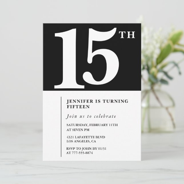 Convite de 15 anos preto Elegante Chic Simples (Em pé/Frente)