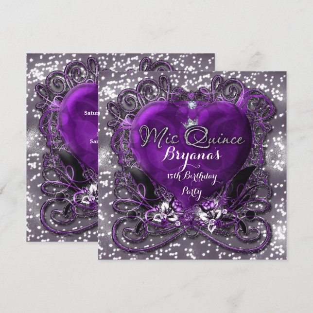 Convite de 15 anos Purple & Silver Heart Mis Quinc (Frente/Verso)