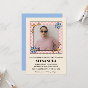 Convite de 15 de aniversário Retro Groovy Blue Flo