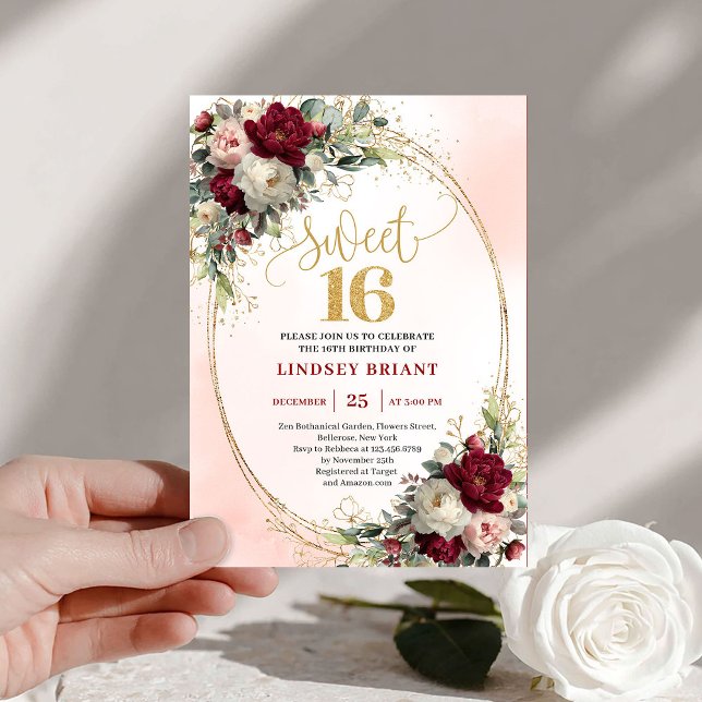 Convite de 16º Aniversário Chic Boho Marsala Gold  (Chic Boho Marsala Gold Floral 16th Birthday Invitation)