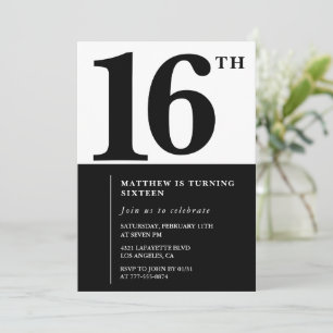 Convite de 16º aniversário elegante Black Chic Mod