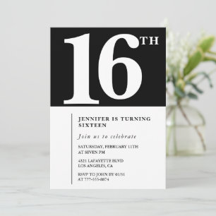 Convite de 16º aniversário preto Elegante Chique S