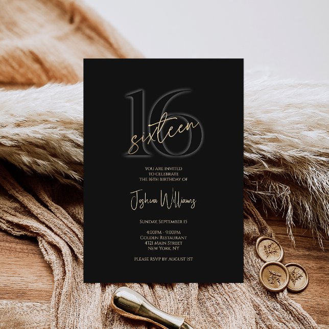 Convite de 16º Aniversário Preto Luxuoso Dourado (Modern Black Gold 16th Birthday Invitation)