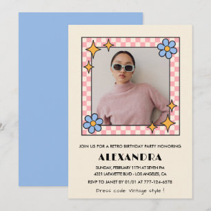 convite de 16º aniversário Retro Groovy Floral Azu