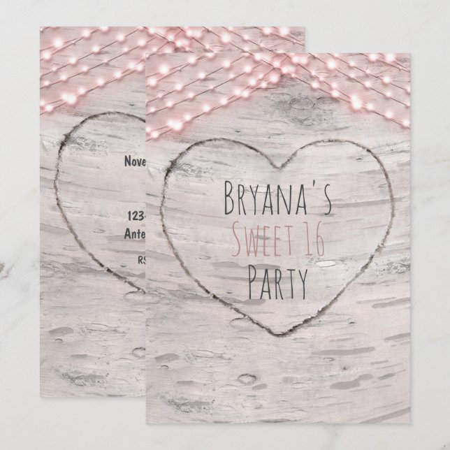 Convite de 16 Anos Birch Tree Heart & Pink Lights  (Frente/Verso)