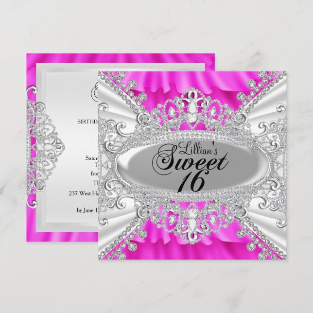 Convite de 16 Anos Doce Diamante Brilho Rosa Quent (Frente/Verso)