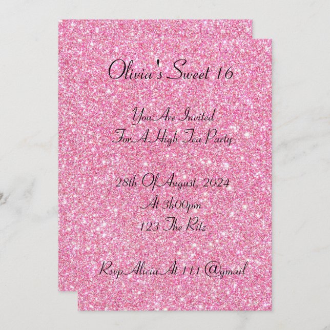 convite de 16 anos para reluzidos cor-de-rosa (Frente/Verso)
