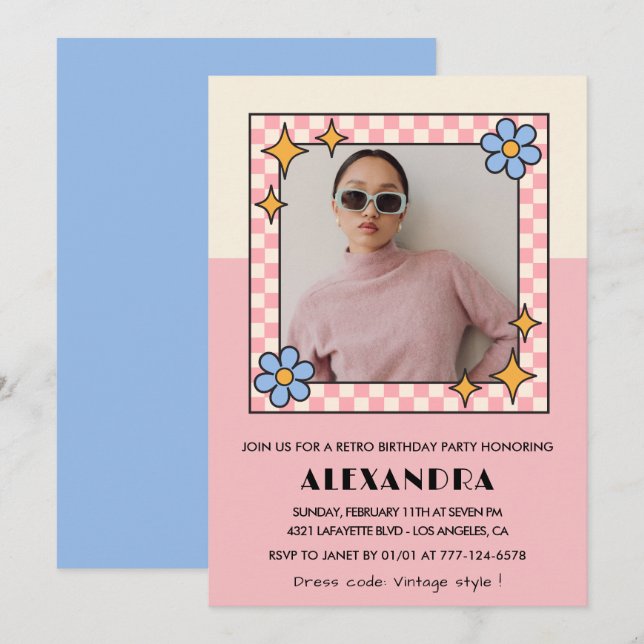 convite de 16 anos Retro Groovy Flores Rosa (Frente/Verso)