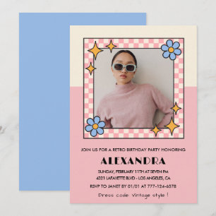 convite de 16 anos Retro Groovy Flores Rosa