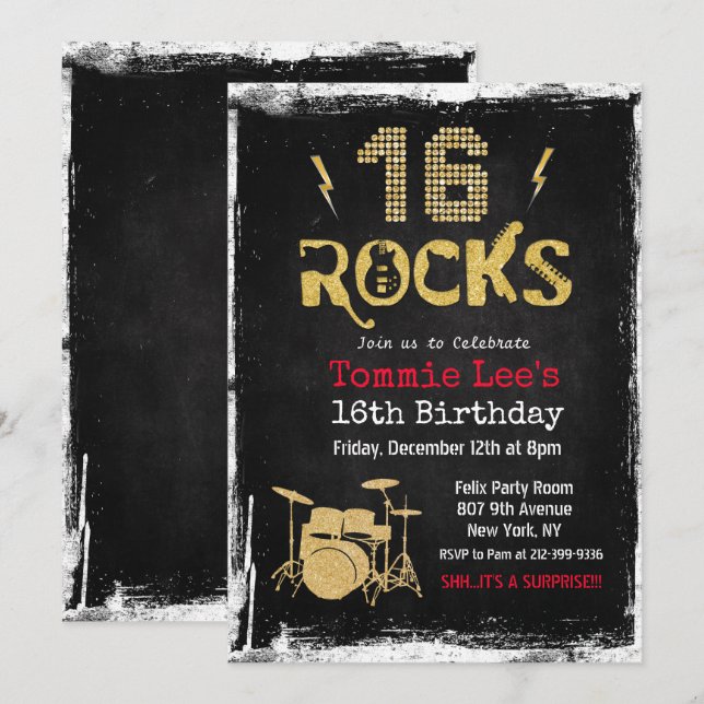 Convite de 16 anos Rockstar Guitar (Frente/Verso)