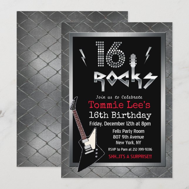 Convite de 16 anos Rockstar Guitar (Frente/Verso)