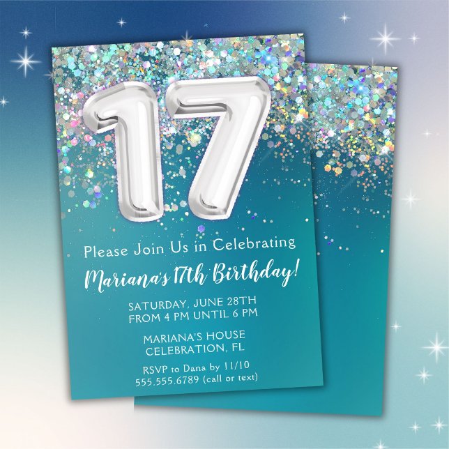 Convite de 17º Aniversário Brilho Teal Prata (Criador carregado)