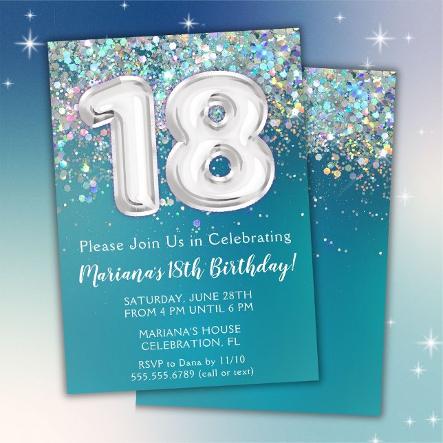 Convite de 18º Aniversário Brilho Teal Prata (Criador carregado)