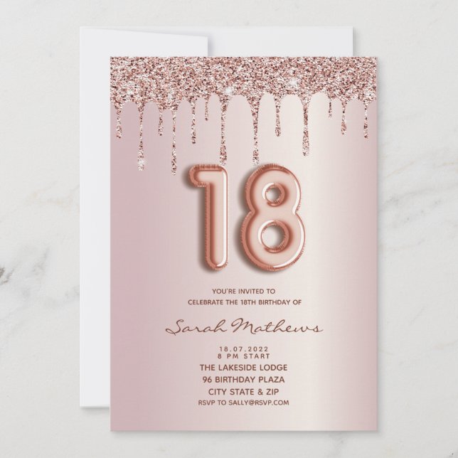 Convite de 18º Aniversário com Brilho Dourado Rosa (Frente)
