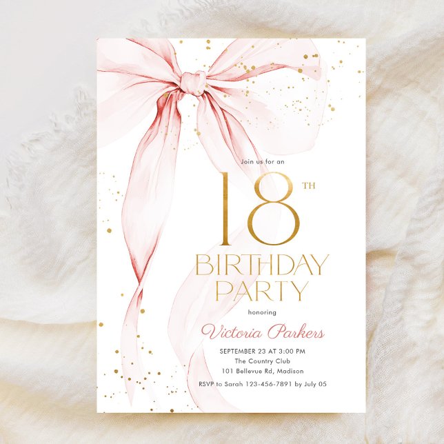 Convite de 18º Aniversário com Laço Rosa Elegante (Criador carregado)