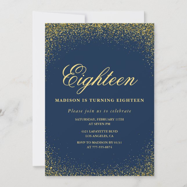 Convite de 18º aniversário elegante Dourado Glitte (Frente)