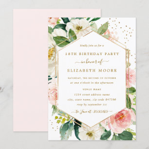 Convite de 18º Aniversário Floral em Dourado Rosa