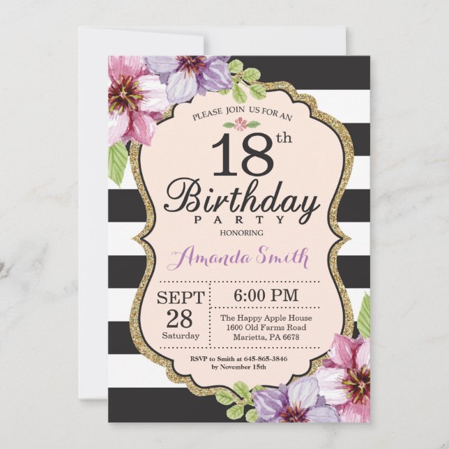 Convite de 18º Aniversário Mulheres. Floral Dourad (Frente)