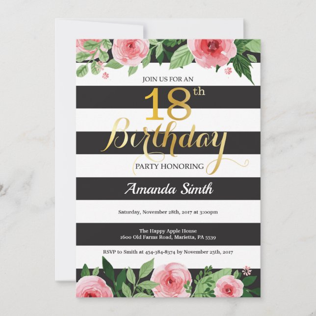 Convite de 18º Aniversário Mulheres. Floral Dourad (Frente)