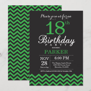 Convite de 18º Aniversário Preto e Verde Chevron