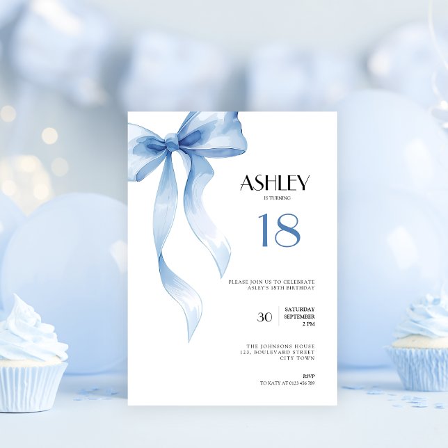 Convite de 18 Anos com Laço Azul para Meninas (Blue bow coquette 18th birthday invitation for girls)