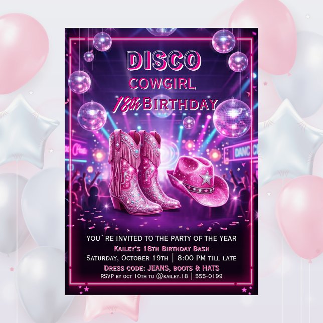 Convite de 18 Anos Rodeio Disco Cowgirl (Criador carregado)