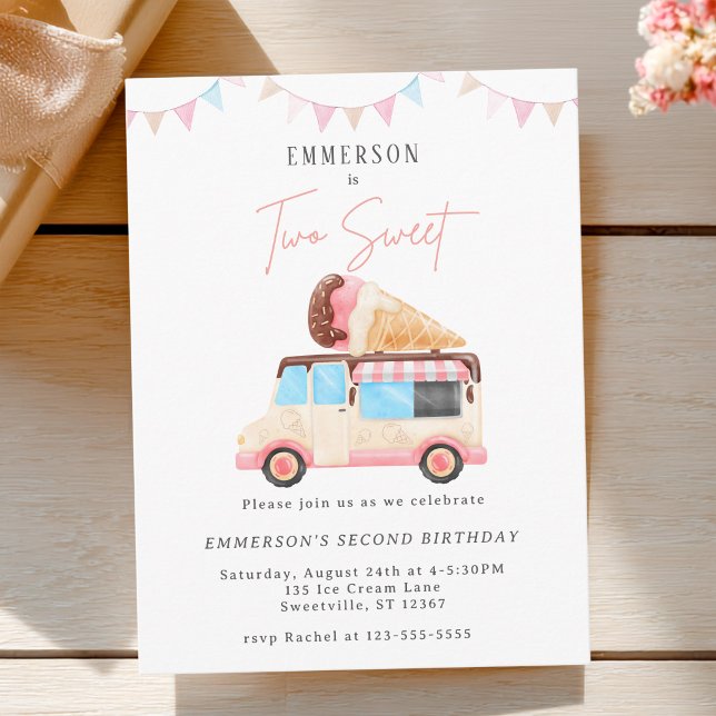 Convite de 2º Aniversário Caminhão de Sorvete Fofo (Two Sweet Cute Ice Cream Truck 2nd Birthday Invite
)