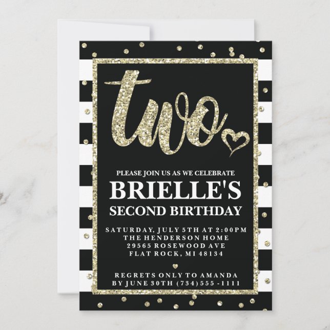 Convite de 2º Aniversário com Brilho Preto e Doura (Frente)