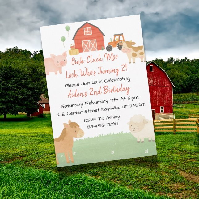 Convite de 2º Aniversário de Animais da Fazenda Fo (Farm-themed second birthday invitation design with barn, animals, and playful farm elements.)