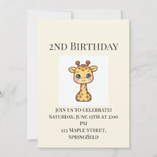 Convite de 2º Aniversário de Girafa Bebê Fofa