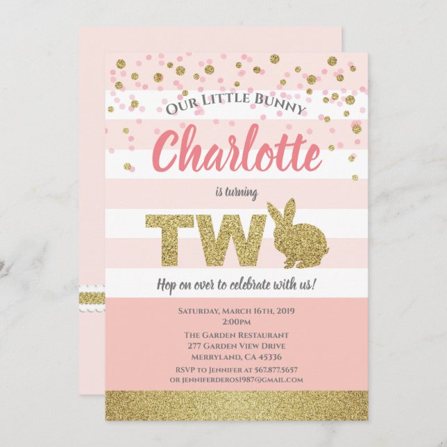 Convite de 2º aniversário de menina coelho rosa e  (Frente/Verso)