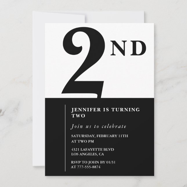 Convite de 2º aniversário elegante Garota Chic Neg (Frente)