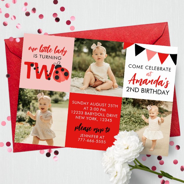 Convite de 2º Aniversário Joaninha com 3 Fotos (Watercolor Ladybug 3 Photo 2nd Birthday Invitations. Digital or Printed with Envelopes)