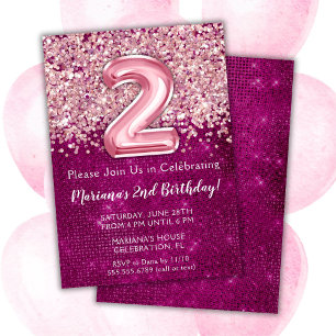 Convite de 2º Aniversário Menina Rosa Magenta Bril