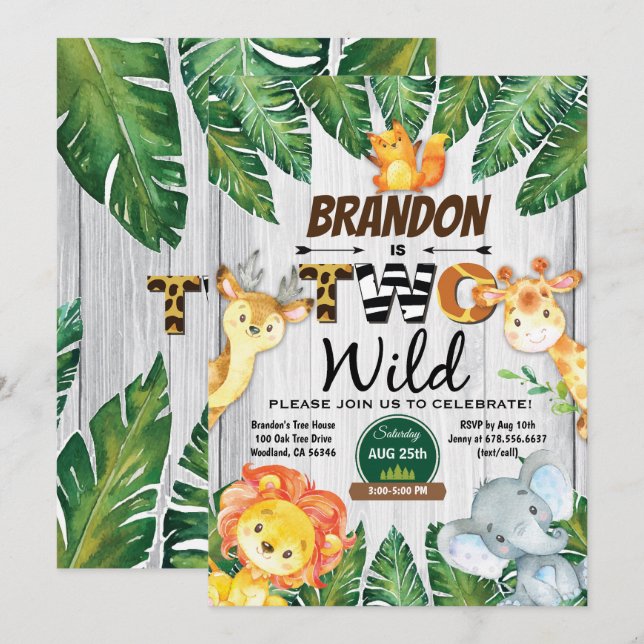 Convite de 2º aniversário na selva. Menino safari  (Frente/Verso)