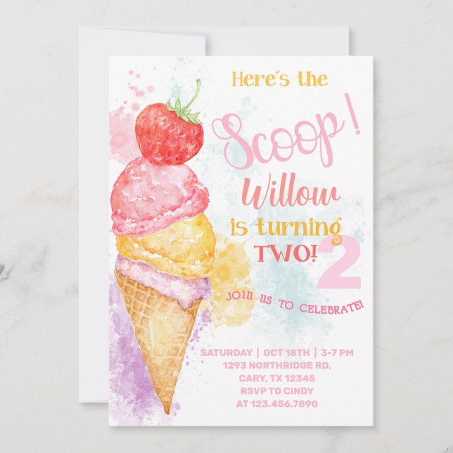 Convite de 2º aniversário sorvete aqui está a dica (Frente)