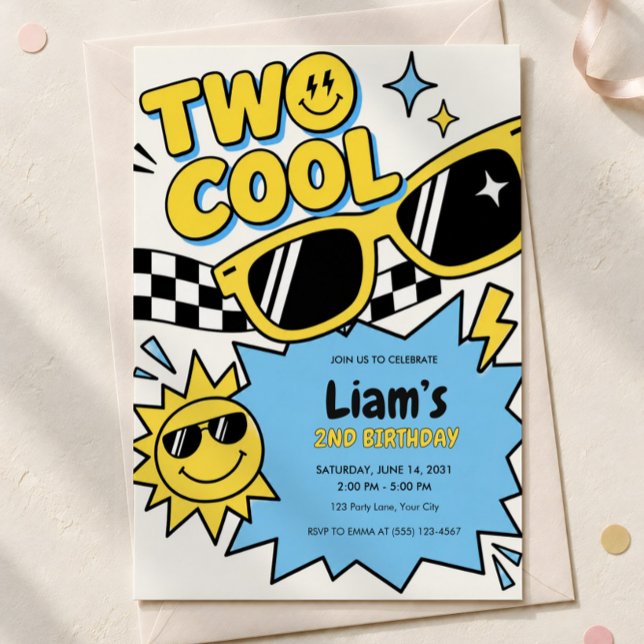 Convite de 2º Aniversário Two Cool (Two Cool sunglasses second birthday invitation with an envelope.)