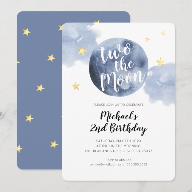 Convite de 2º Aniversário Two the Moon Baby (Frente/Verso)