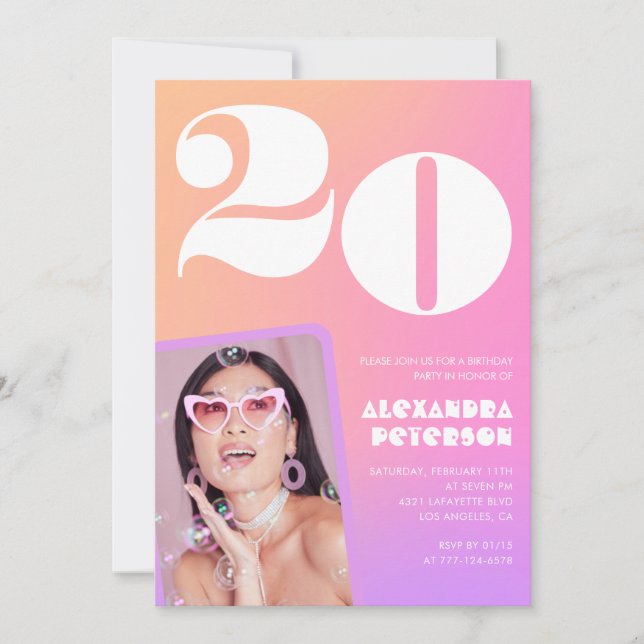 Convite de 20º aniversário com gradiente rosa Foto (Frente)