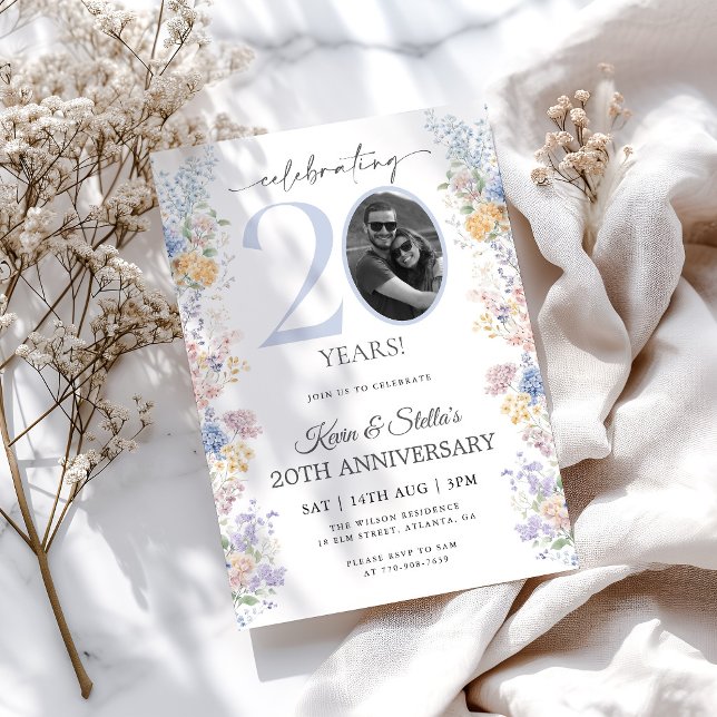 Convite de 20º Aniversário Floral Com Foto (Criador carregado)