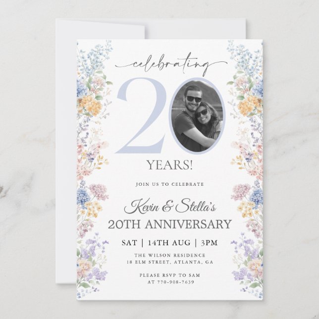 Convite de 20º Aniversário Floral Com Foto (Frente)