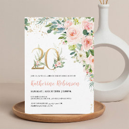 Convite de 20º Aniversário Floral Rosa Elegante pa